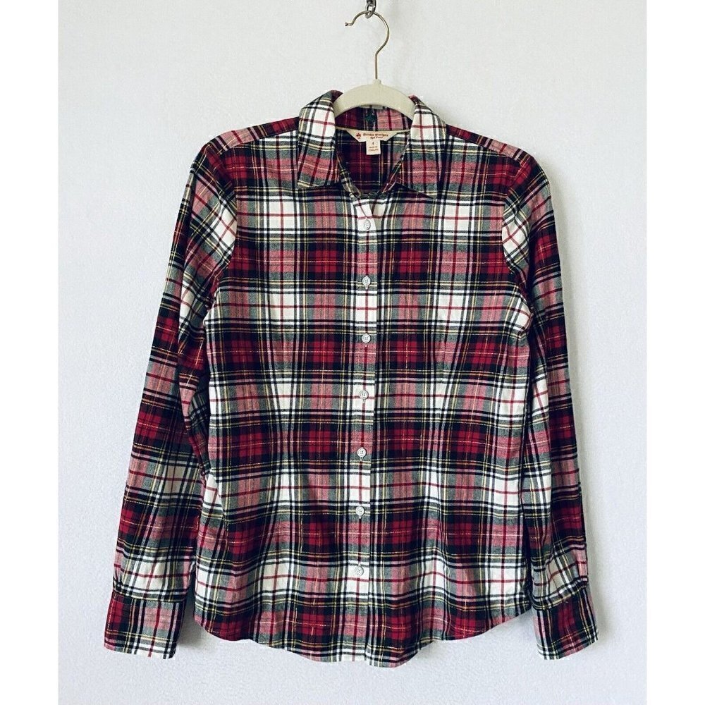 Brooks Brothers Top Womens 4 Red Fleece Metallic Plaid Button Up Cotton Holiday